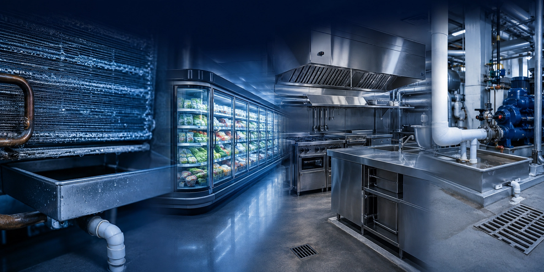 HVAC condensate equipment, grocery refrigeration, a commercial kitchen, and a mechanical facility