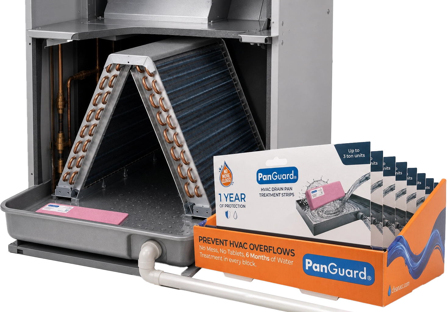 PanGuard retail display beside an HVAC evaporator coil and drain pan